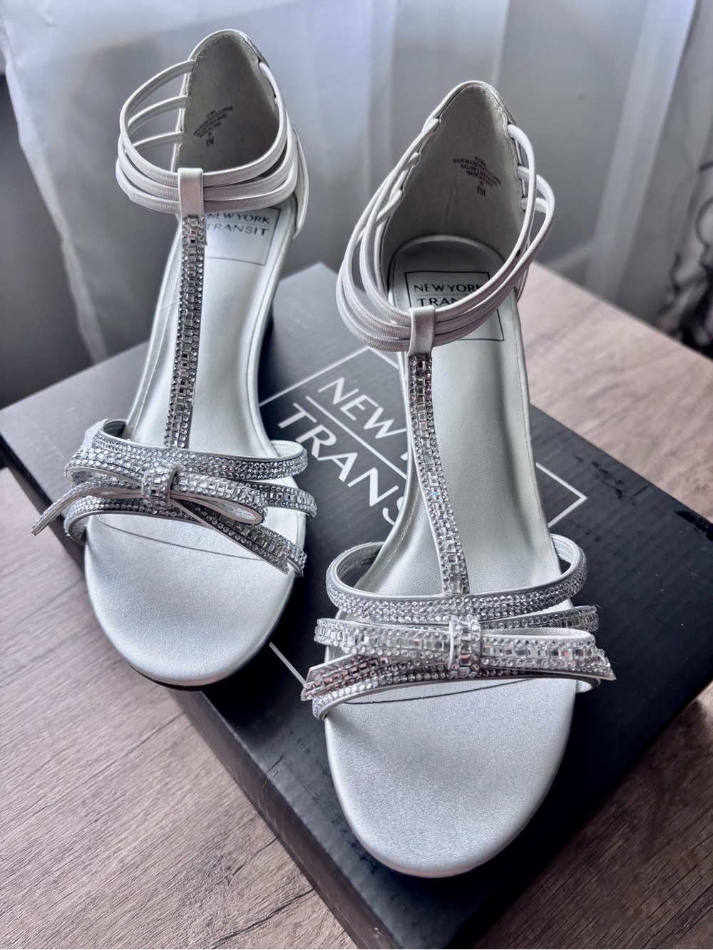 New York Transit Silver Rhinestone T-Strap Bow Dress Heels
